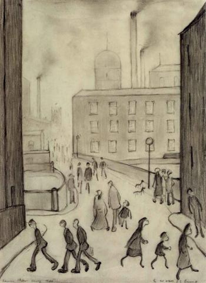 Figures by a factory by Laurence Stephen Lowry