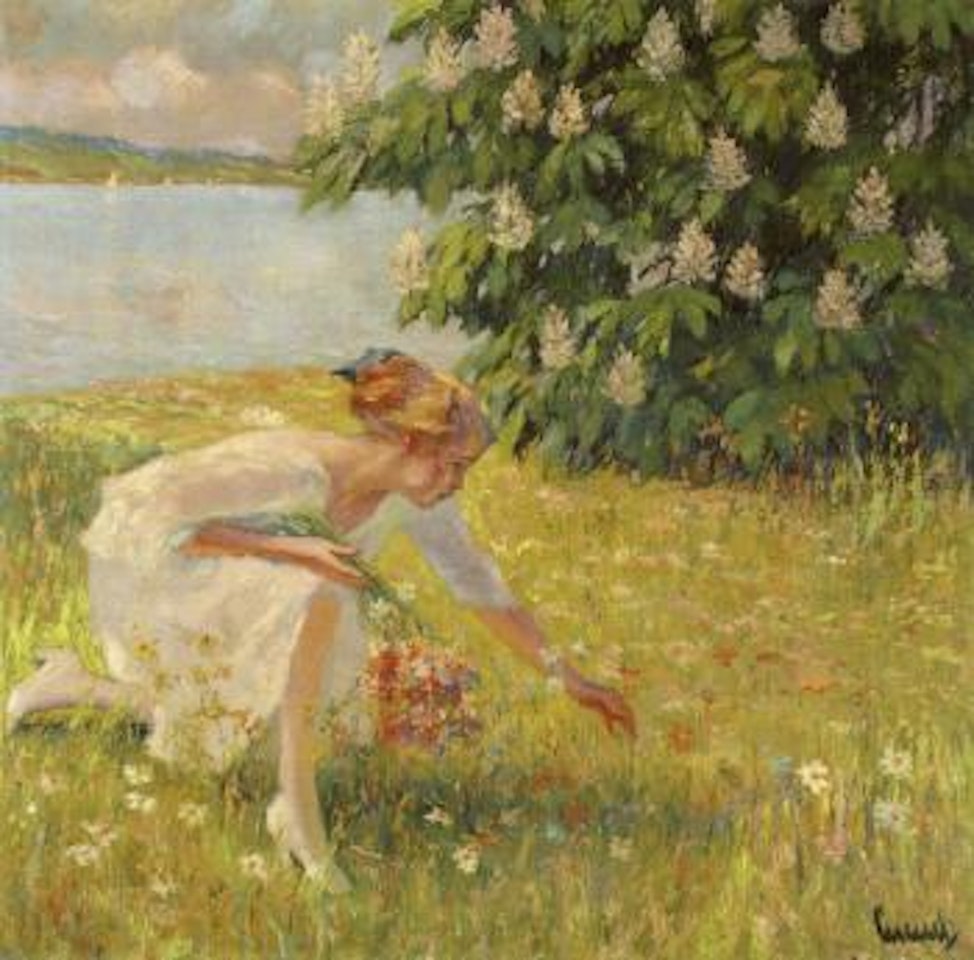 Blumenpfluckendes Madchen - Picking flowers by Edward Cucuel