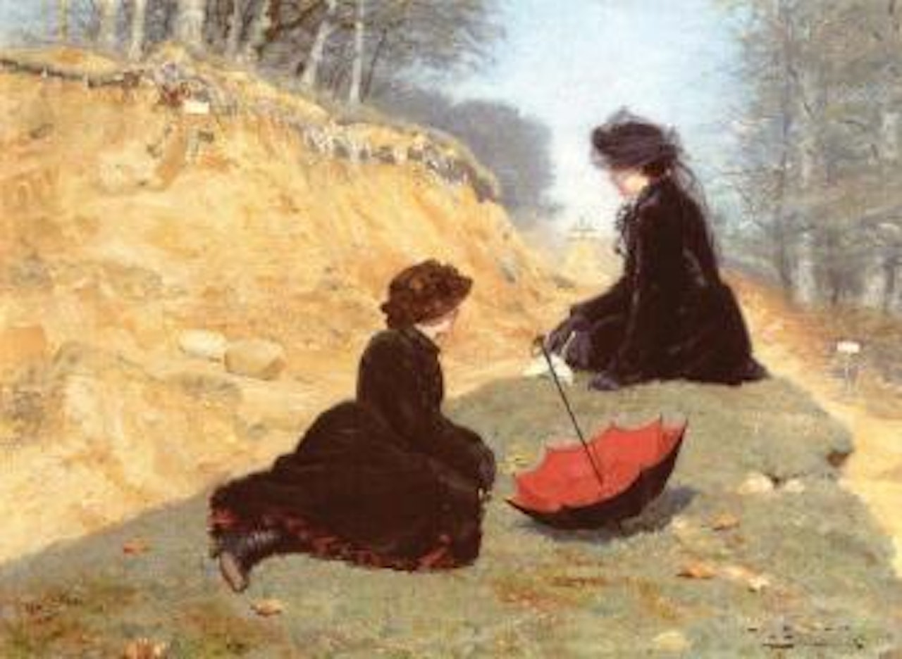 Two girls resting on a path by Hans Andersen Brendekilde