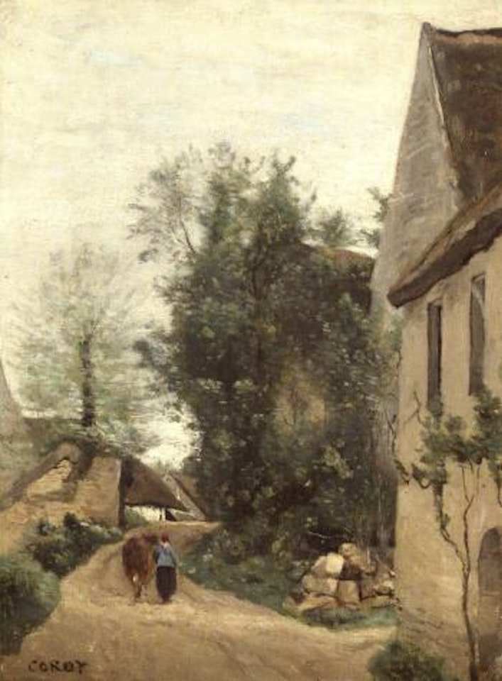 Auvers, une rue de village avec une paysanne et sa vache by Jean Baptiste Camille Corot