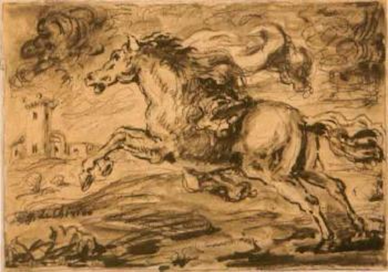 Horse running away, castle beyond by Giorgio de Chirico