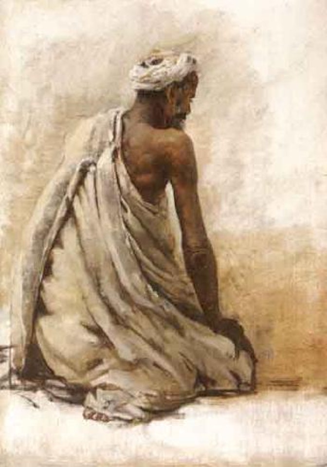 Moor in white, squatting by Edwin Lord Weeks