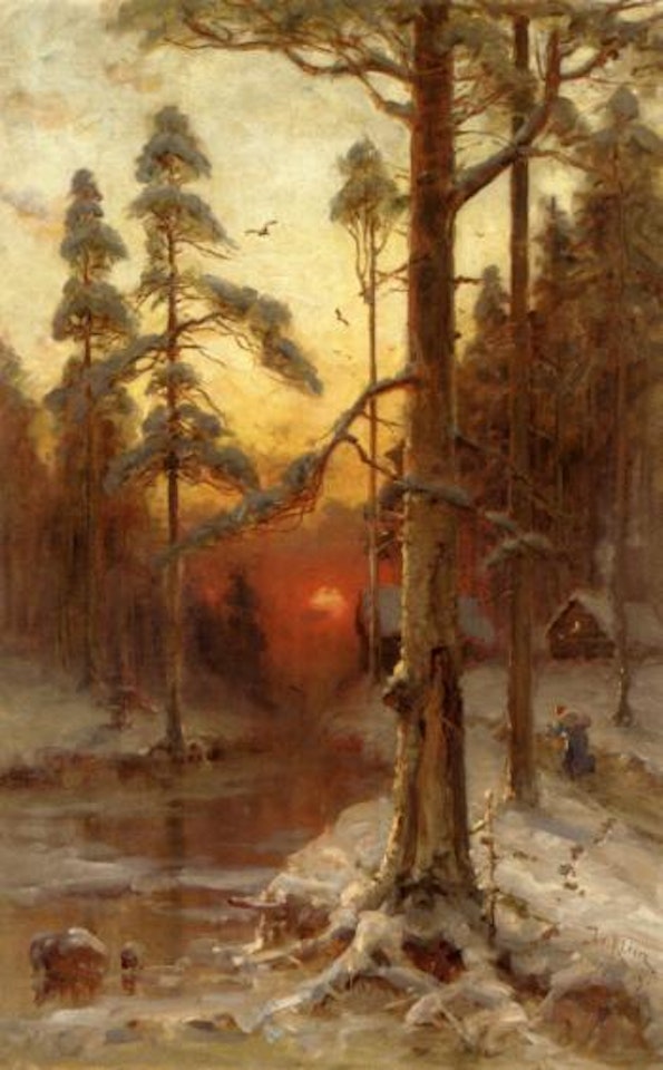 Sunset in the winter forest by Yuli Yulievich Klever the Younger