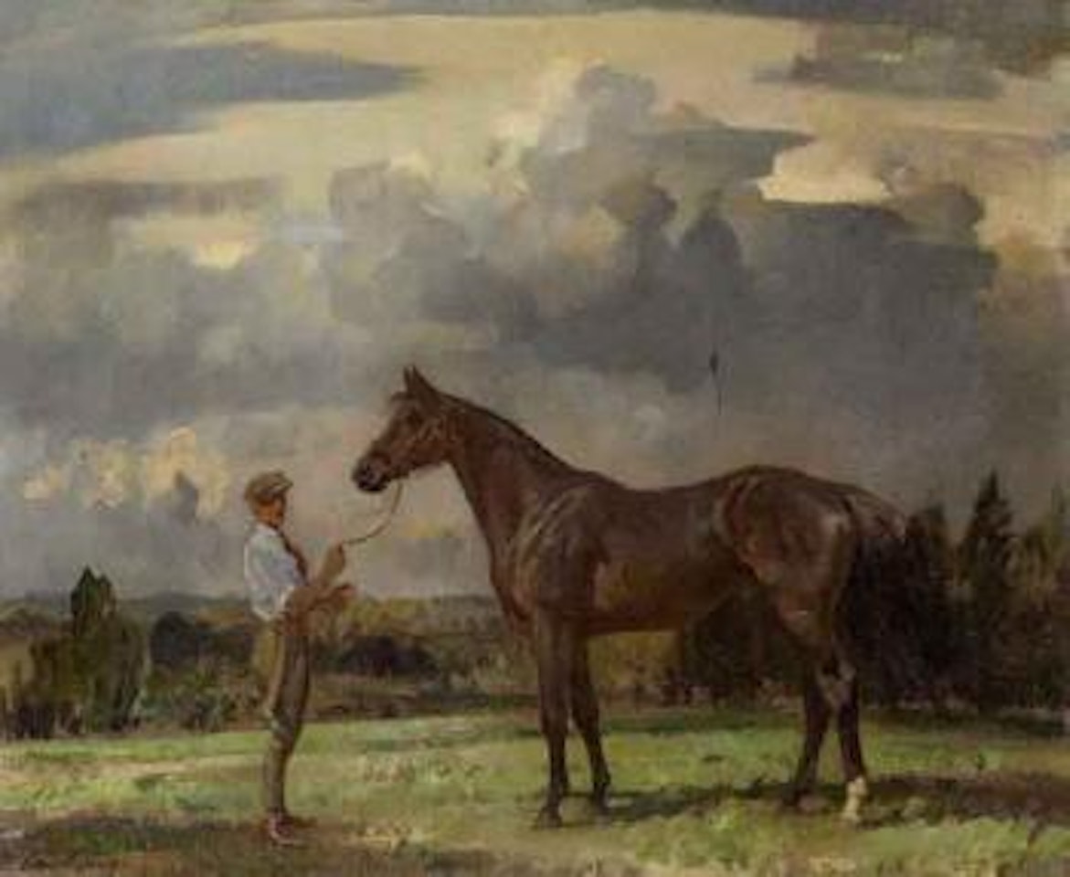 Bay stallion with groom by Edward Seago