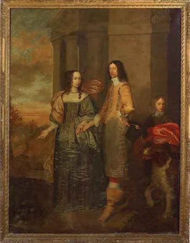 Group portrait of Sir Style with wife, page anddog by English School