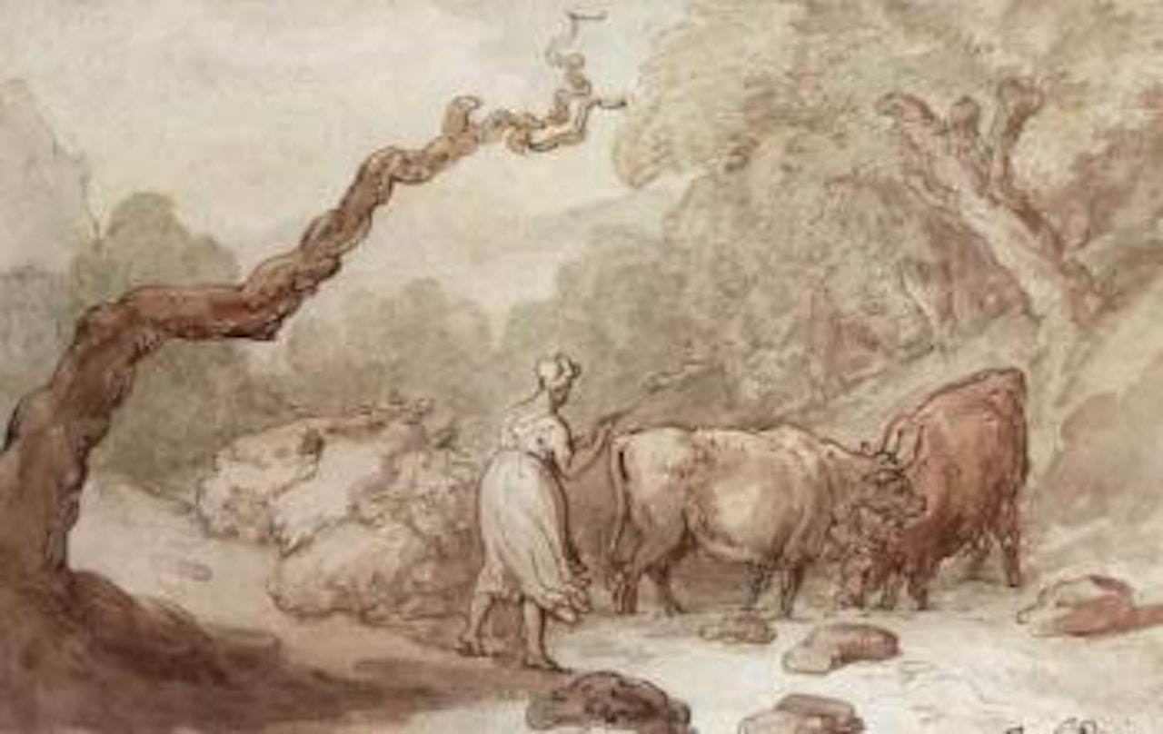 Young girl herding cattle by Thomas Rowlandson