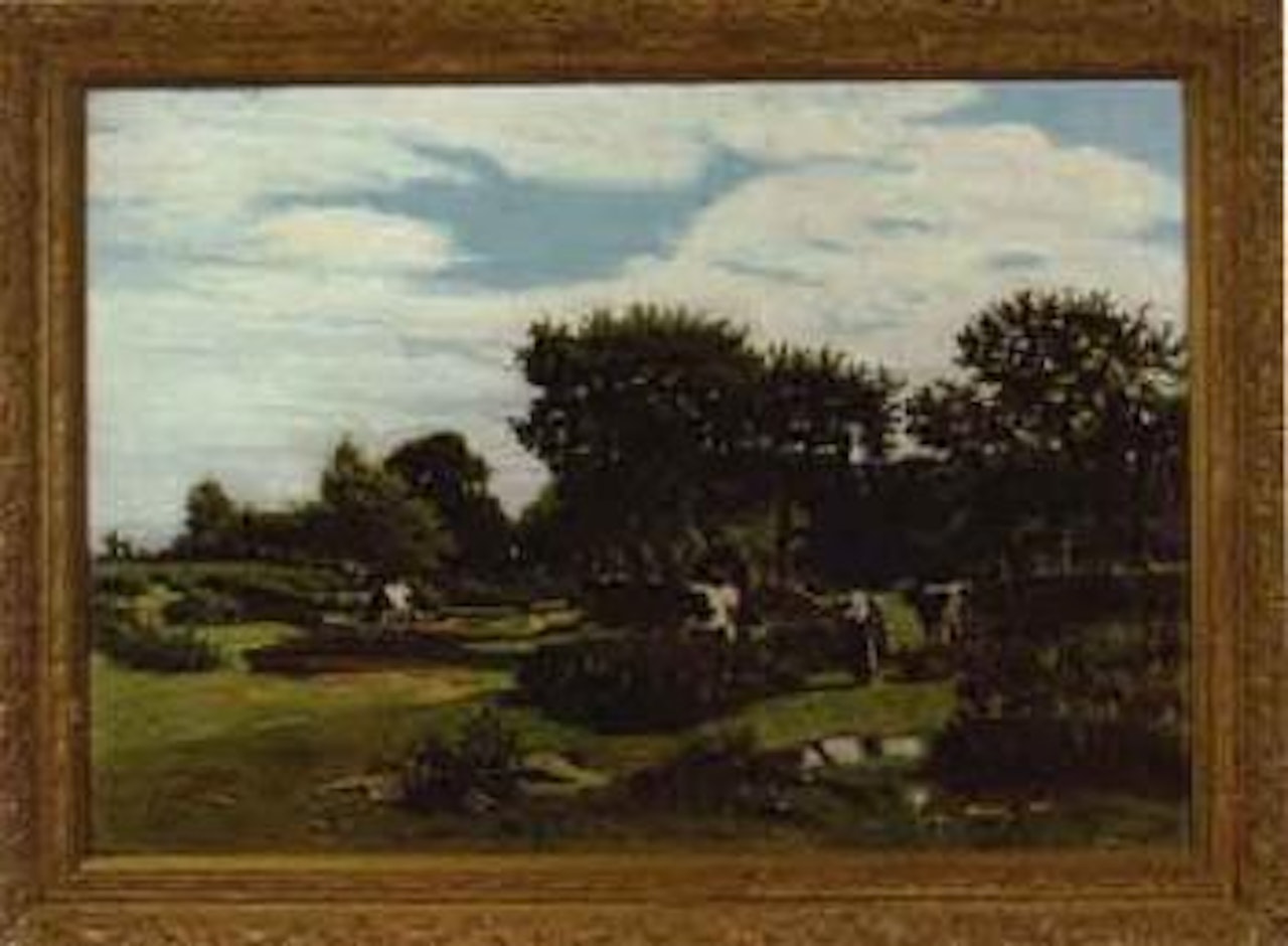 Expansive French countryside with herd of cows grazing by French School
