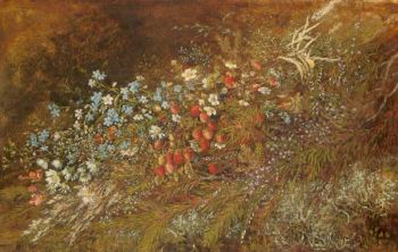 Bouquet of summer fruits and flowers on a mossy bank by Olga Wisinger-Florian