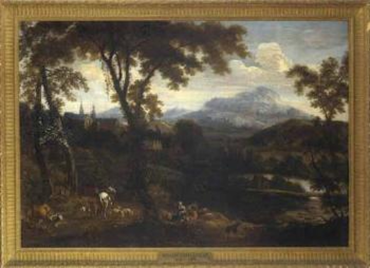 Extensive wooded river landscape with herdsmen and mountains by Dutch School