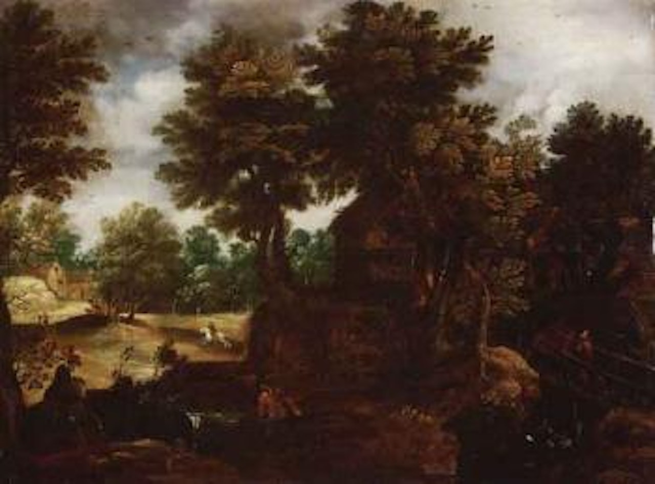 Wooded landscape with rider and peasants by Anton Mirou