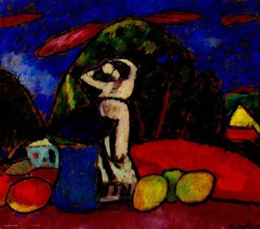 Still life with figure in landscape by Alexej von Jawlensky