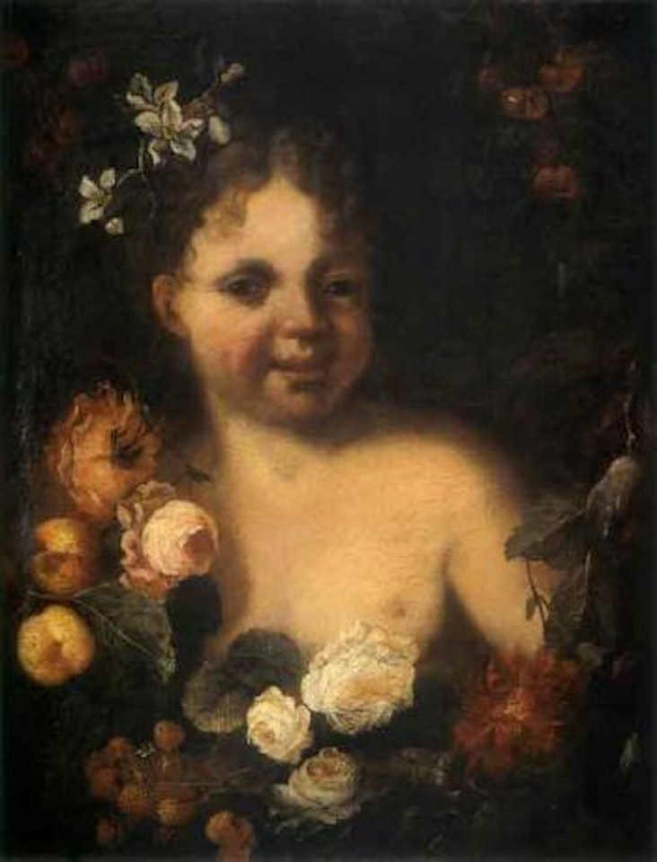 Jeune enfant dans une guirlande de fleurs et de fruits by Abraham Brueghel by Guillaume Courtois