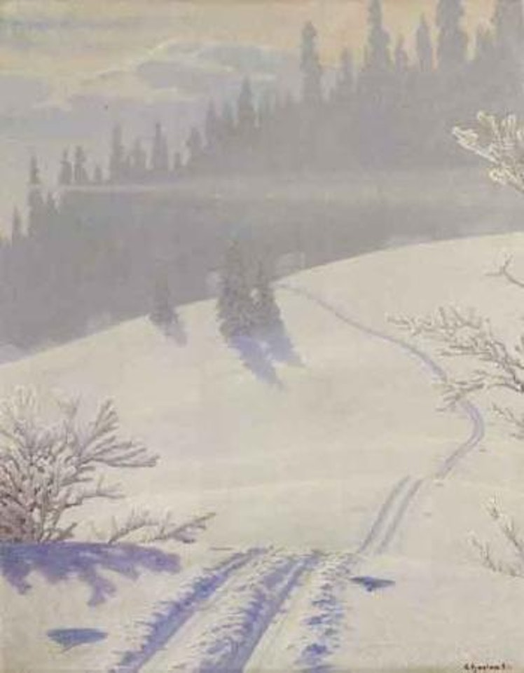 Ski tracks in the snow by Gustaf Fjaestad