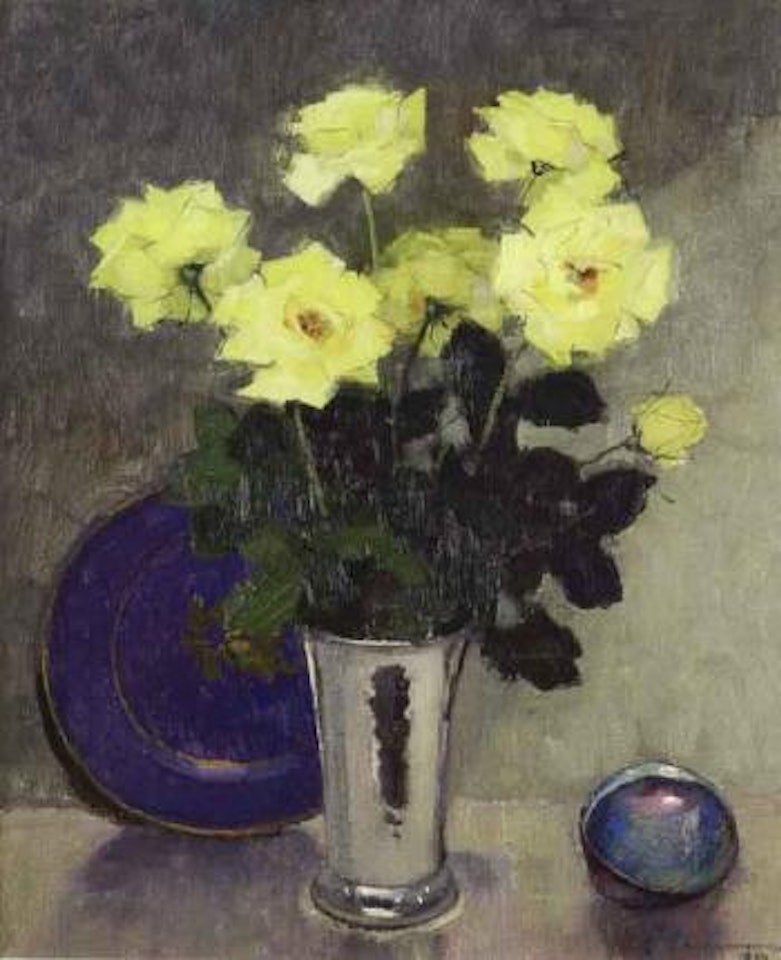 Still life of yellow roses in silver vase by Olle Hjortzberg