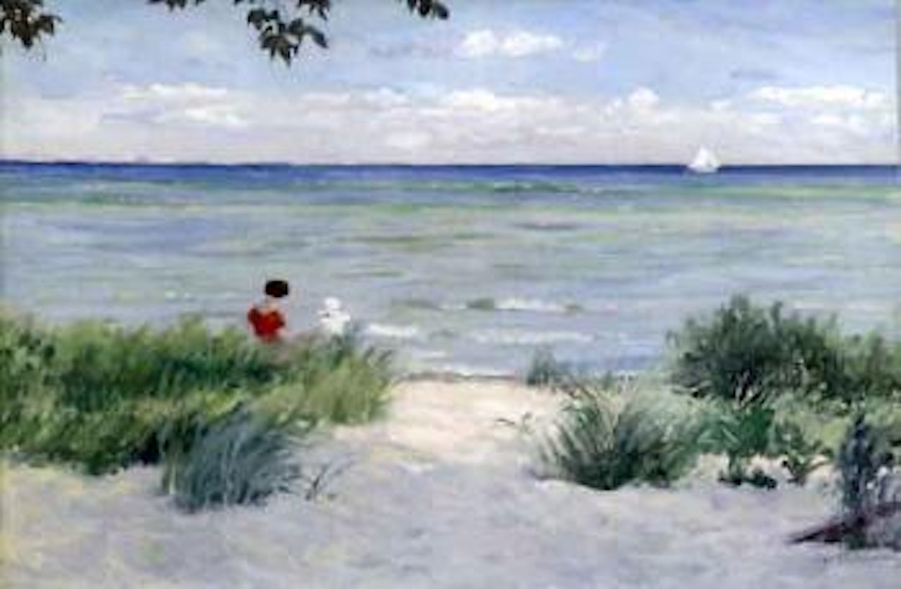 Coastal landscape with children on beach by Paul Fischer