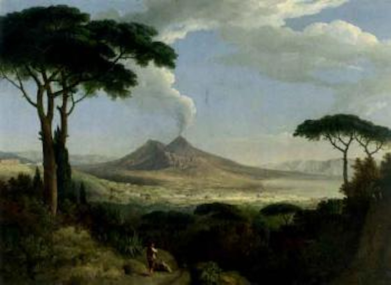 View across Naples and Palazzo Caserte with Vesuvius in background by Jacob Philipp Hackert