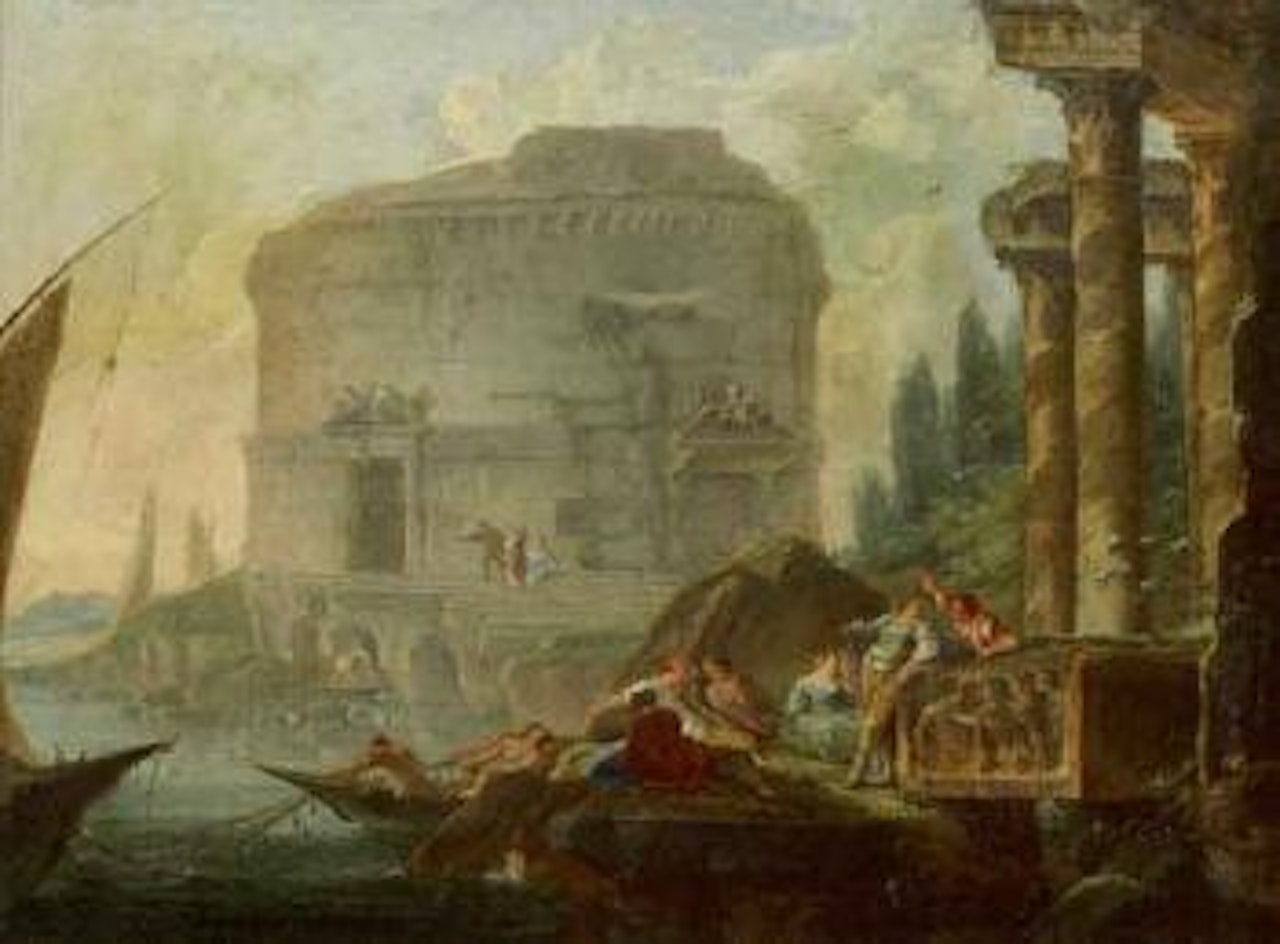 Personnages dans des monuments romains en ruine pres de la mer by Hubert Robert