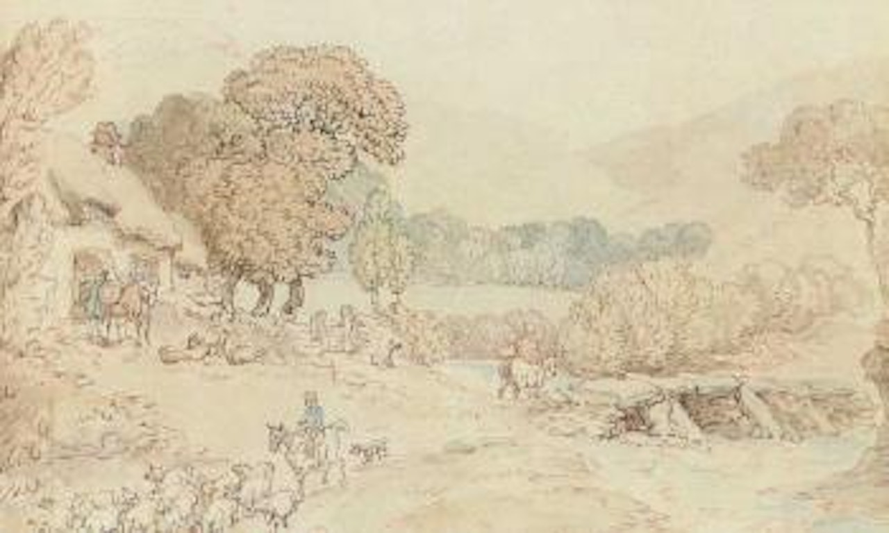 River landscape with drover and sheep, possibly Cornwall by Thomas Rowlandson