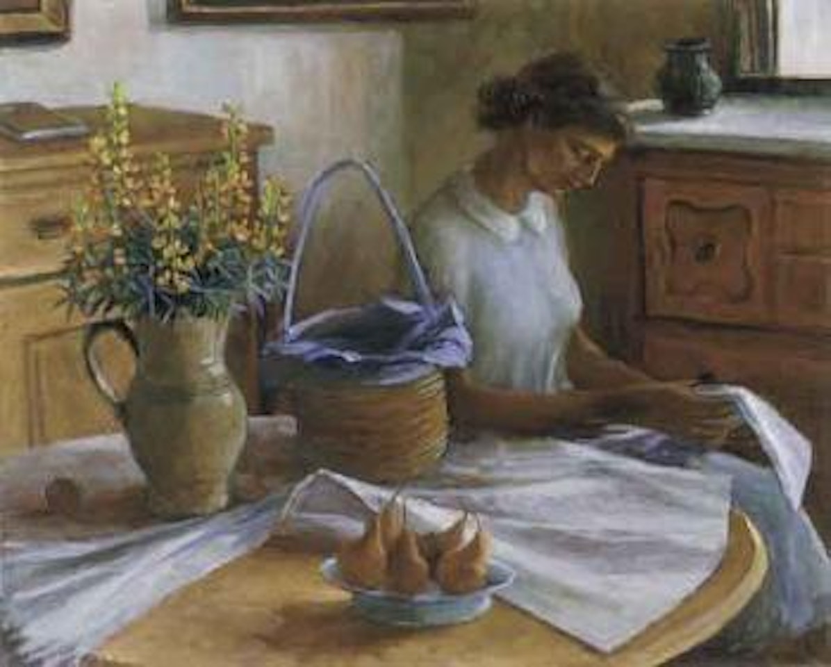 Interior with girl reading by Margaret Hannah Olley