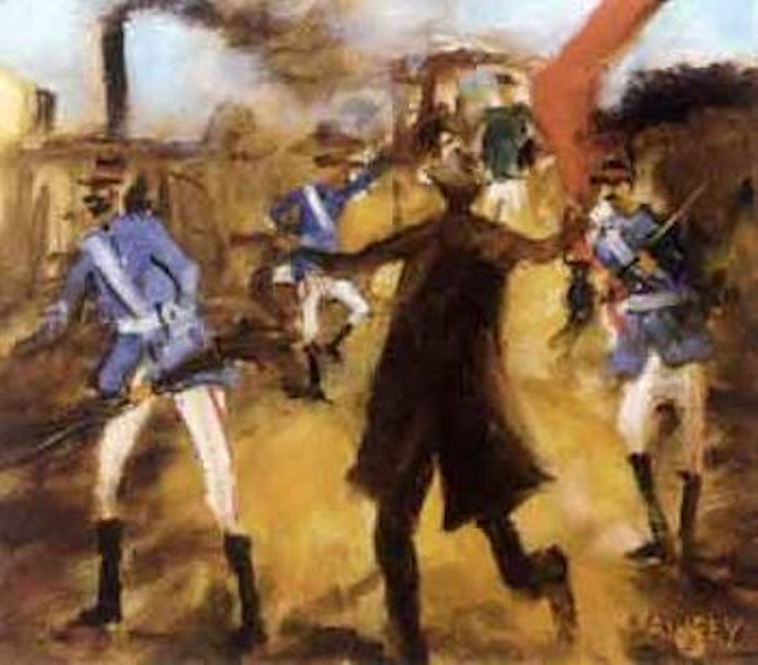 The schoolmaster, Curnow stopping the train near Glenrowan by Hugh Sawrey