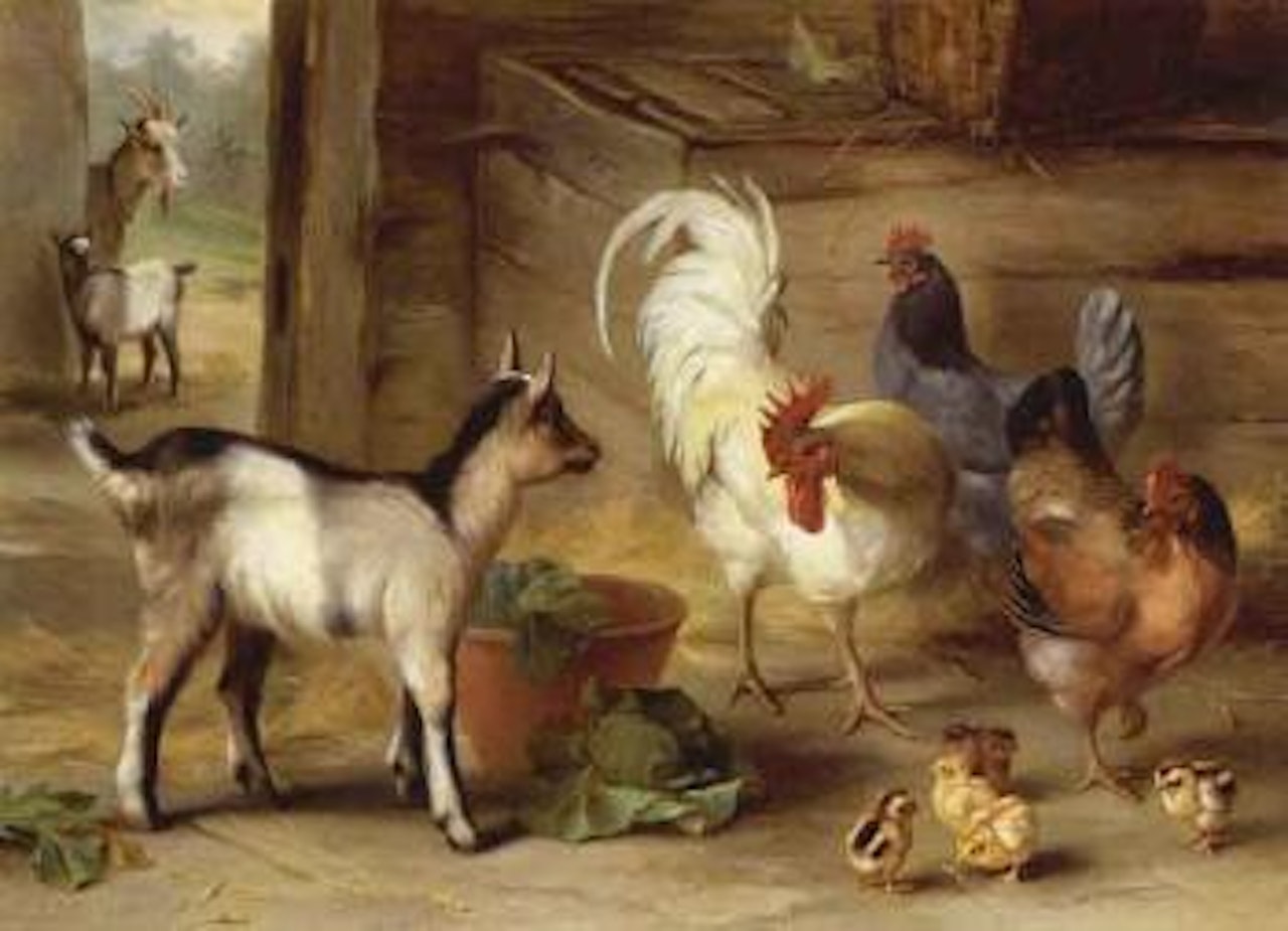 Goats, chickens and chicks in a barn by Edgar Hunt