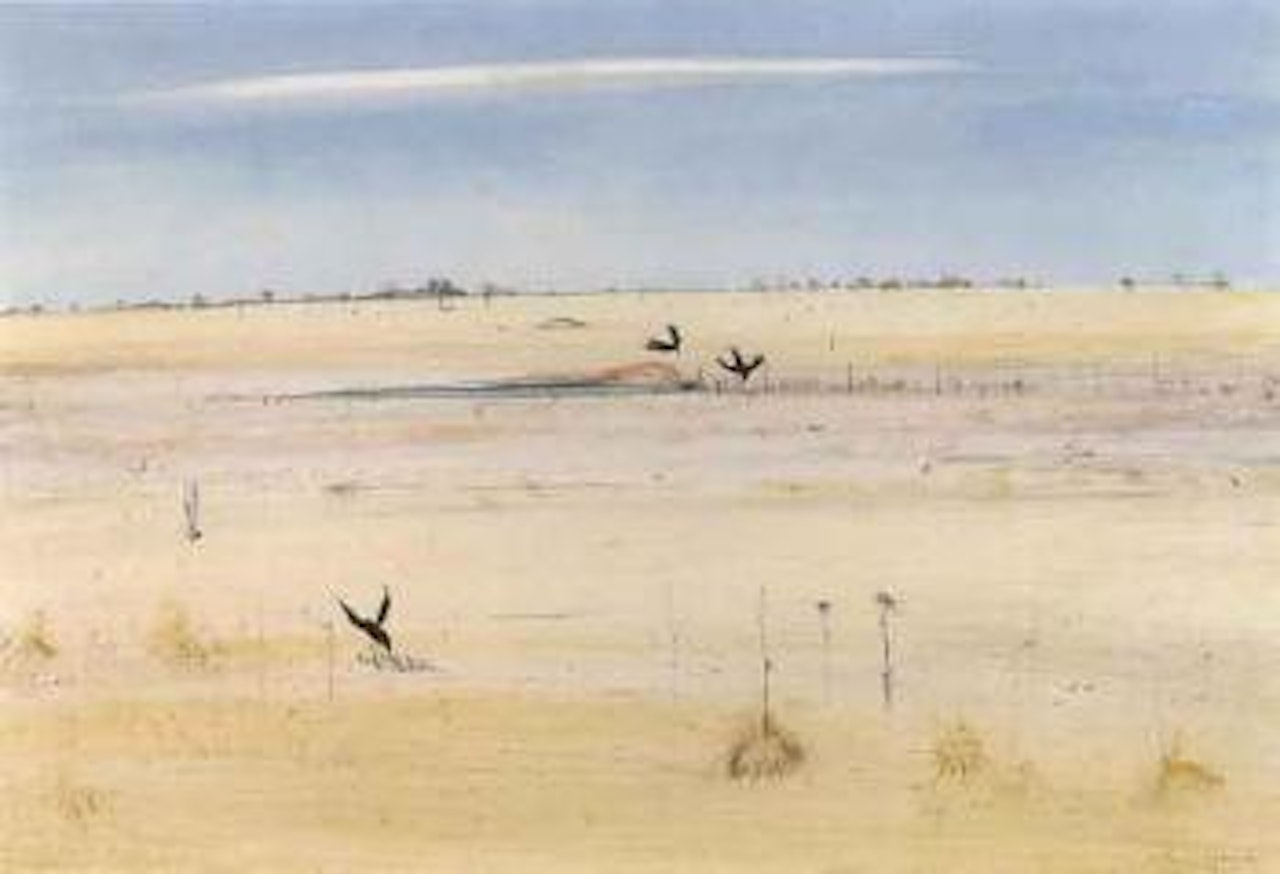 Wimerra landscape with waterhole and birds by Arthur Merric Bloomfield Boyd