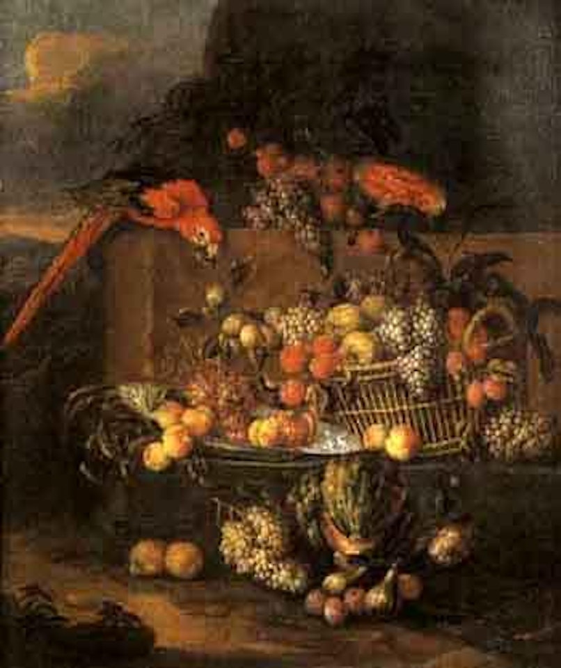 Still life of fruit with parrot by Jan Pauwel Gillemans