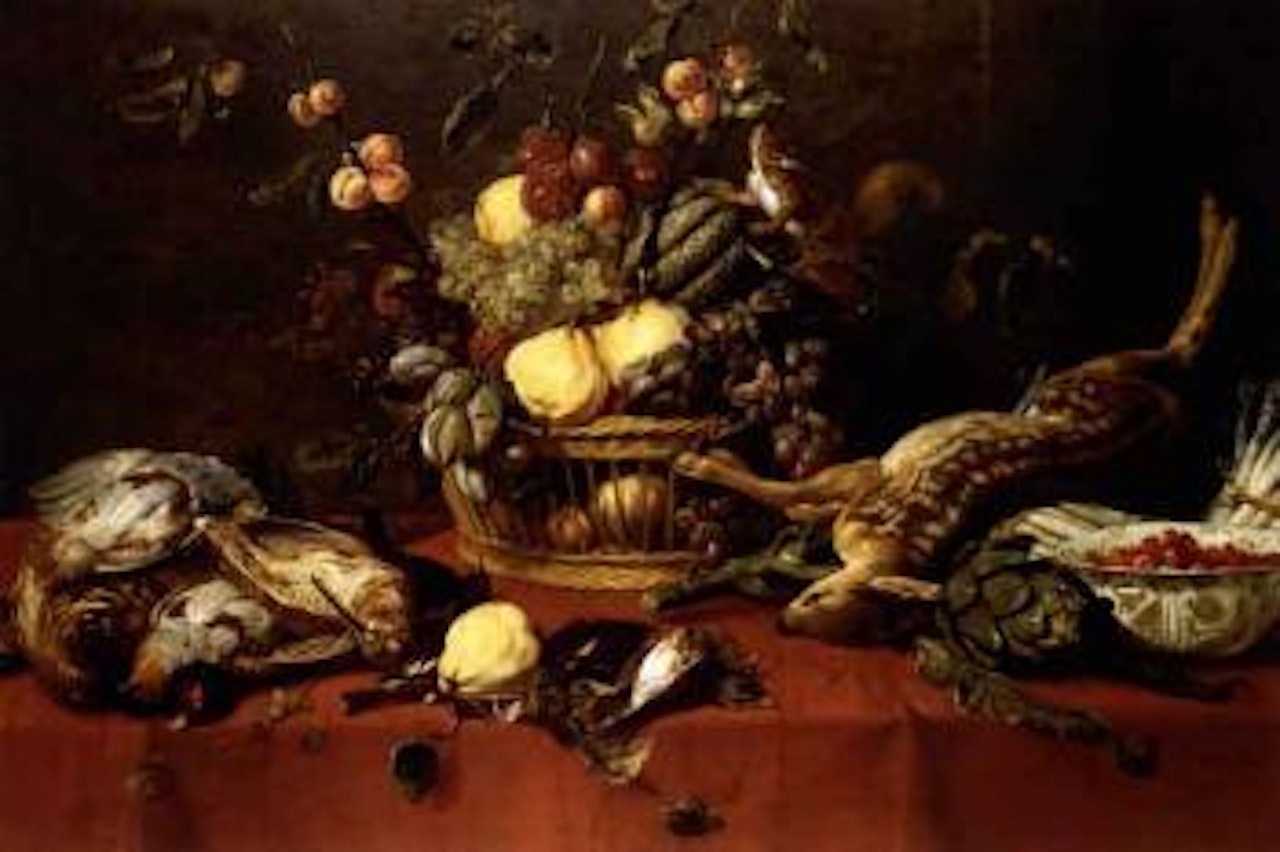 Still life of fruit with vegetables and squirrel by Frans Snyders
