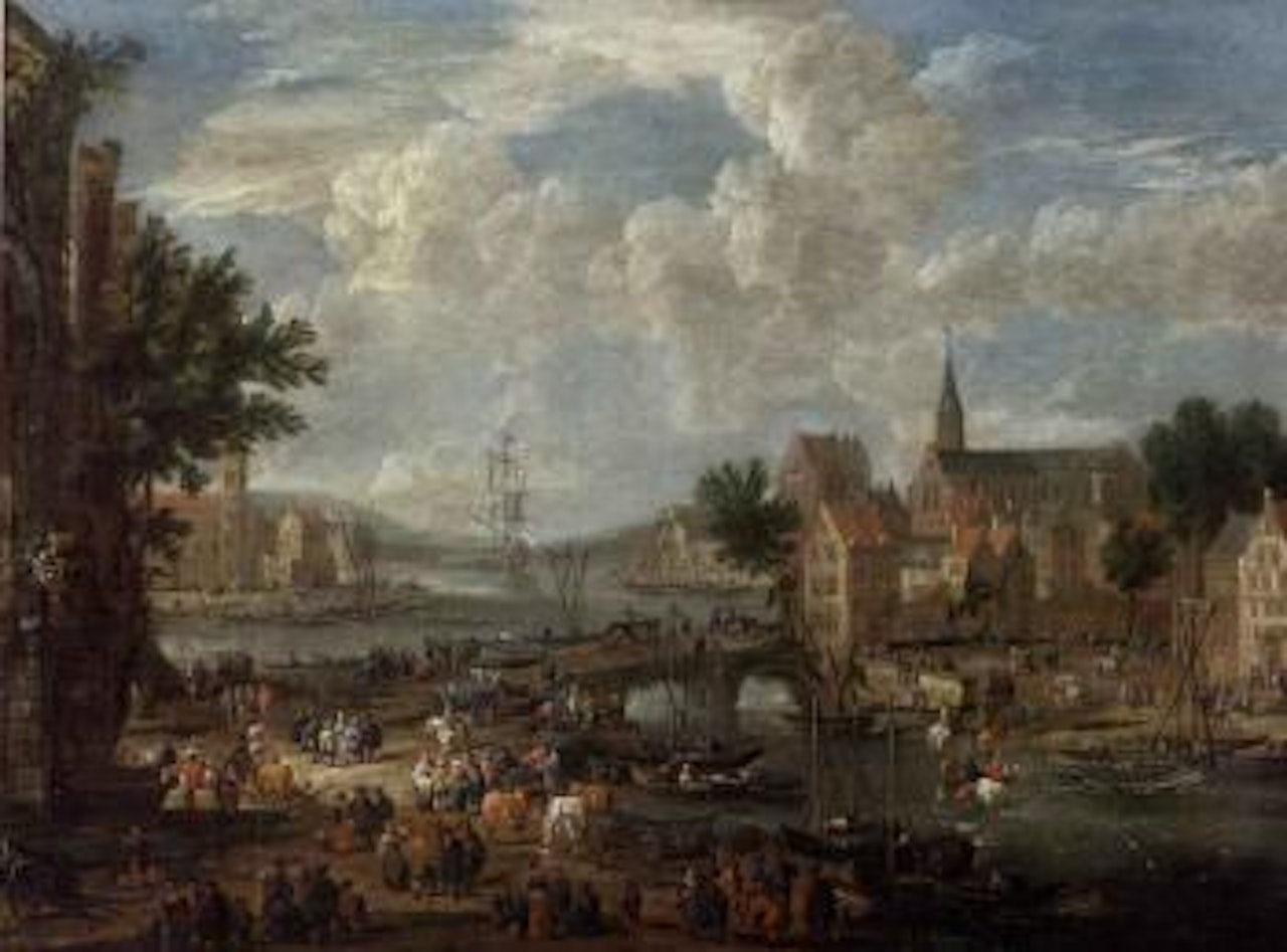 Village by river with figures by Pieter Bout