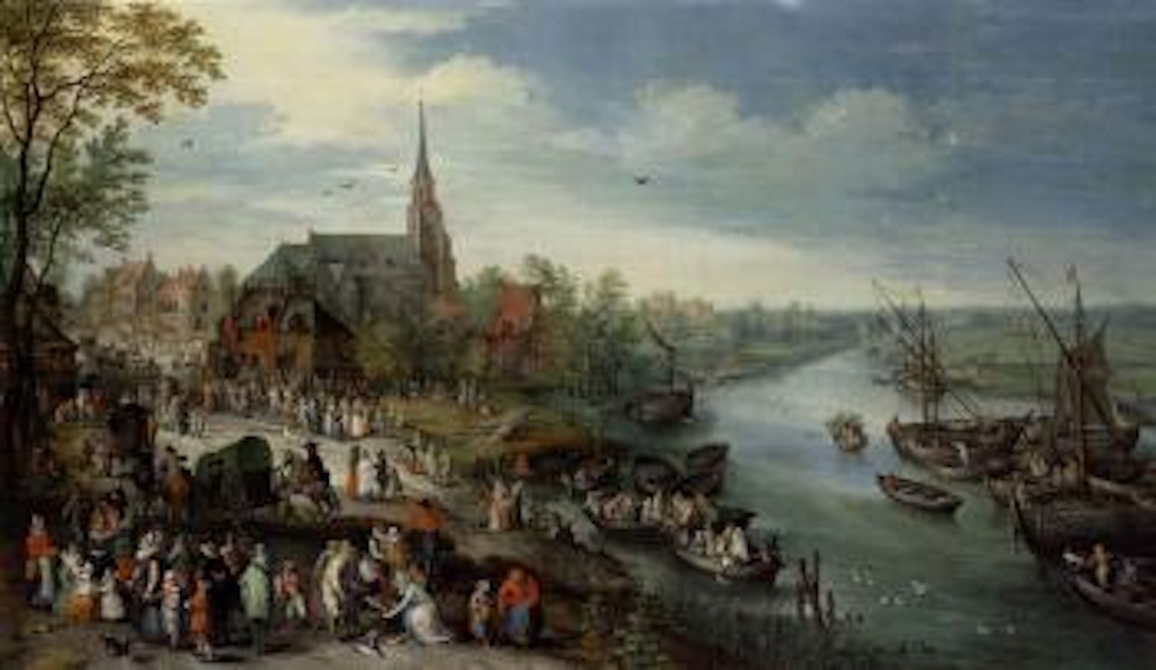 Village landscape with portrait of Jan Brueghel the Elder and family by river by Karel Beschey
