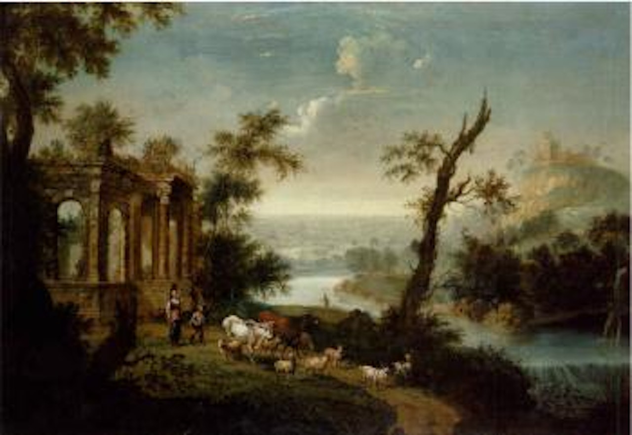 River landscape with figures by German School