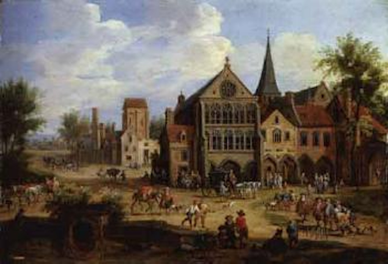 Crowded town scene by Pieter Bout