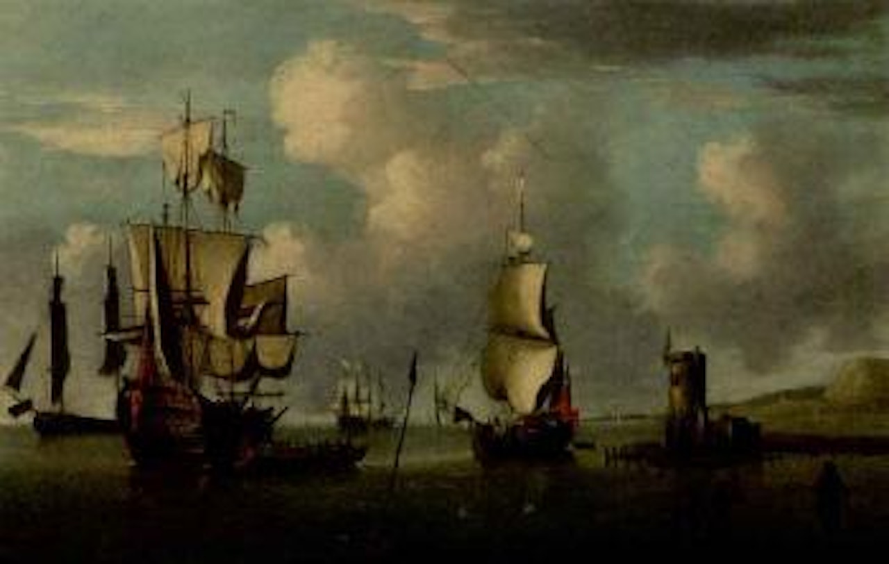 Ship's launch containing visitors pulling away from the side of an man-o-war by Francis Swaine