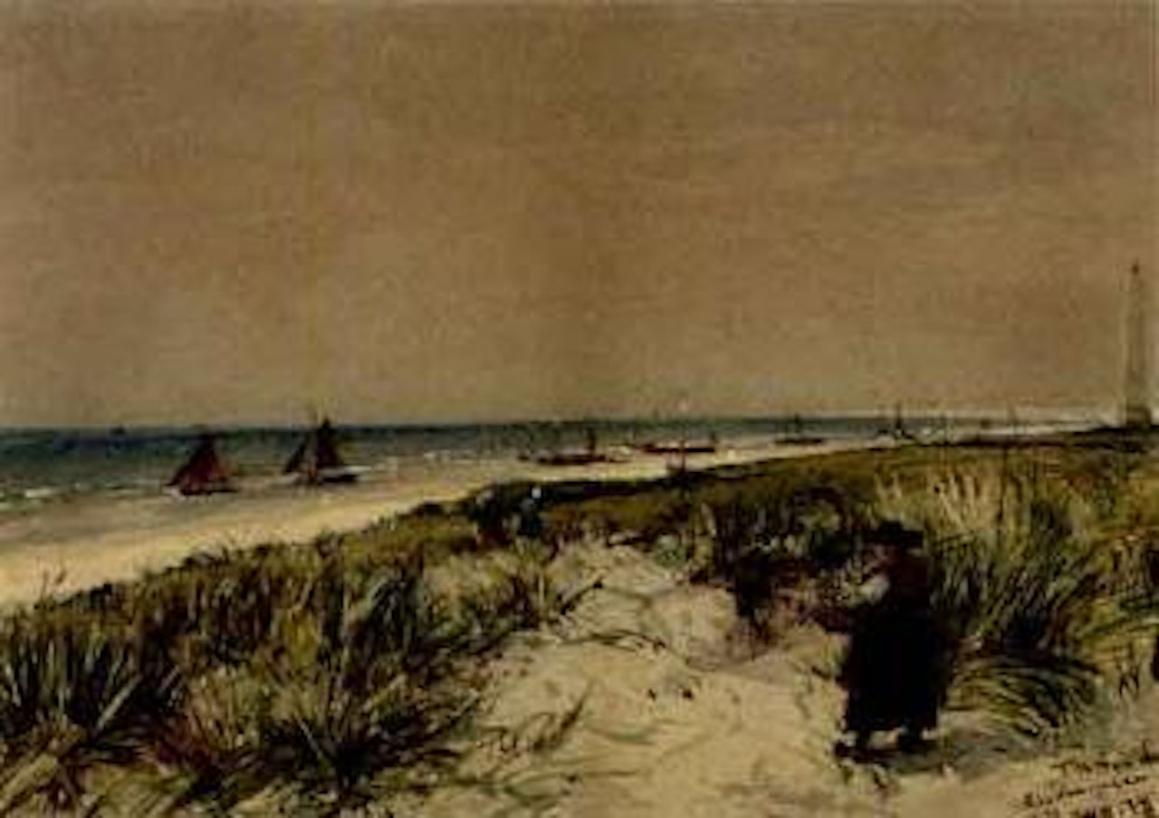 Fishwives heading for the beach to collect the day's catch at Scheveningen by Thomas Bush Hardy