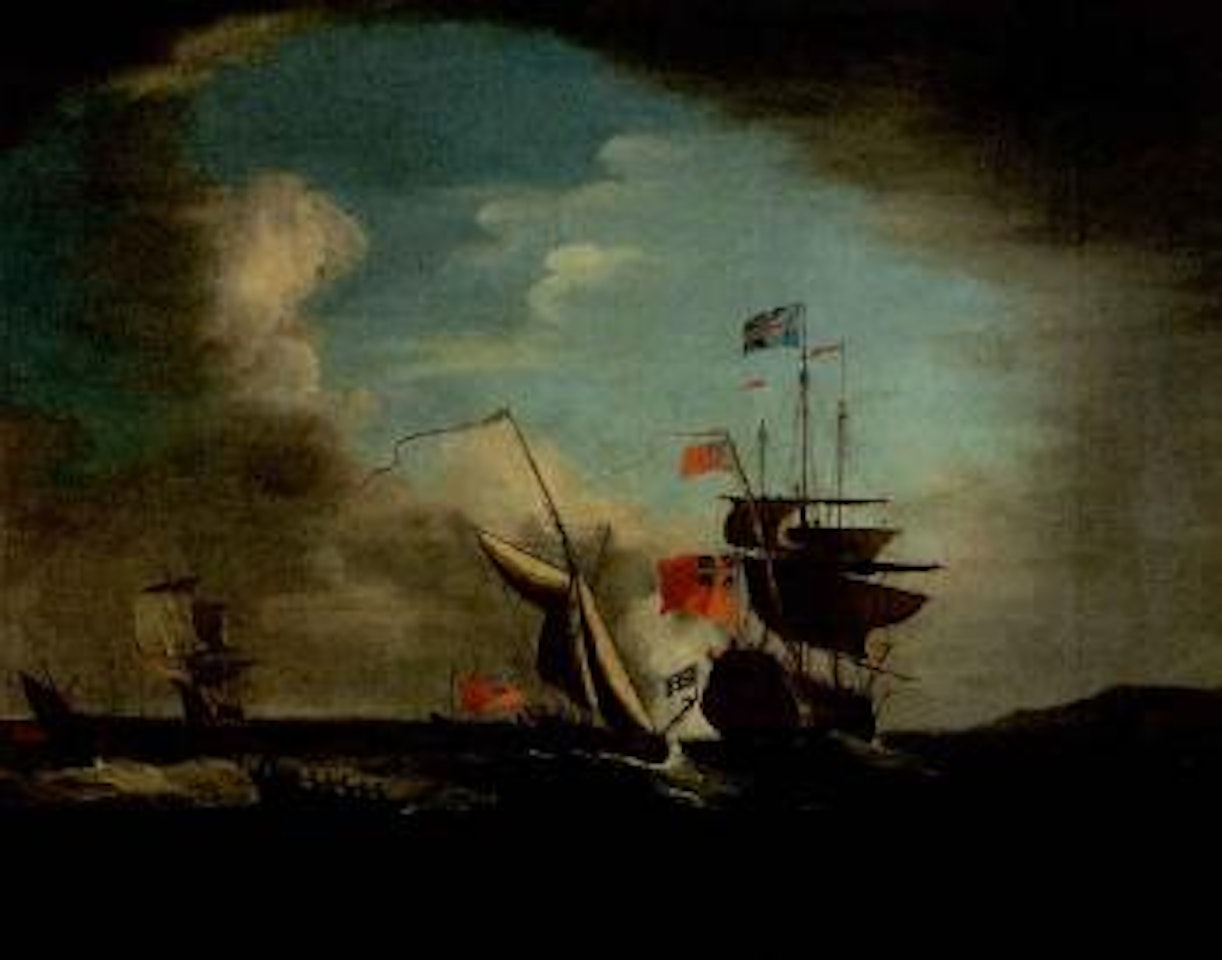 Admiralty yacht joining a squadron of the Red sailing offshore by Peter Monamy