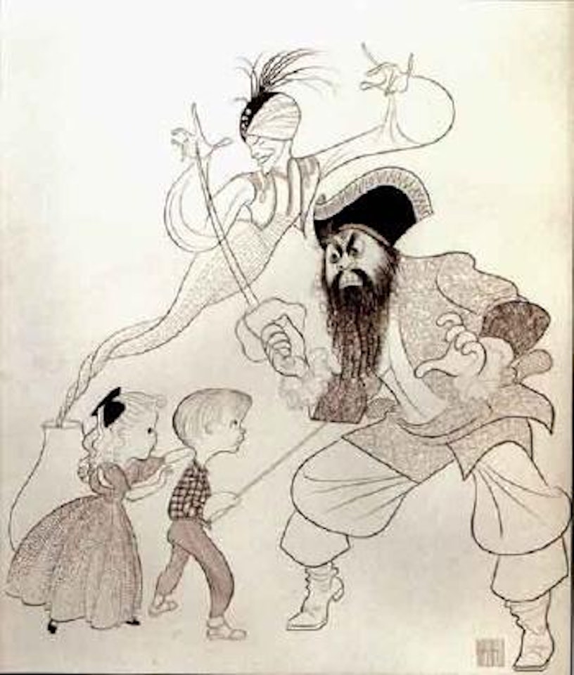 Two children with sword confront a pirate by Al Hirschfeld