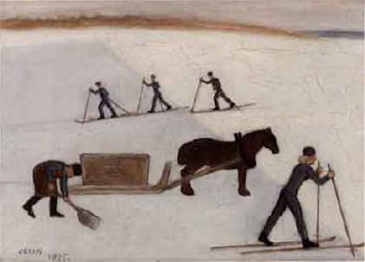 Man clearing snow and skiers in winter landscape by Einar Jolin