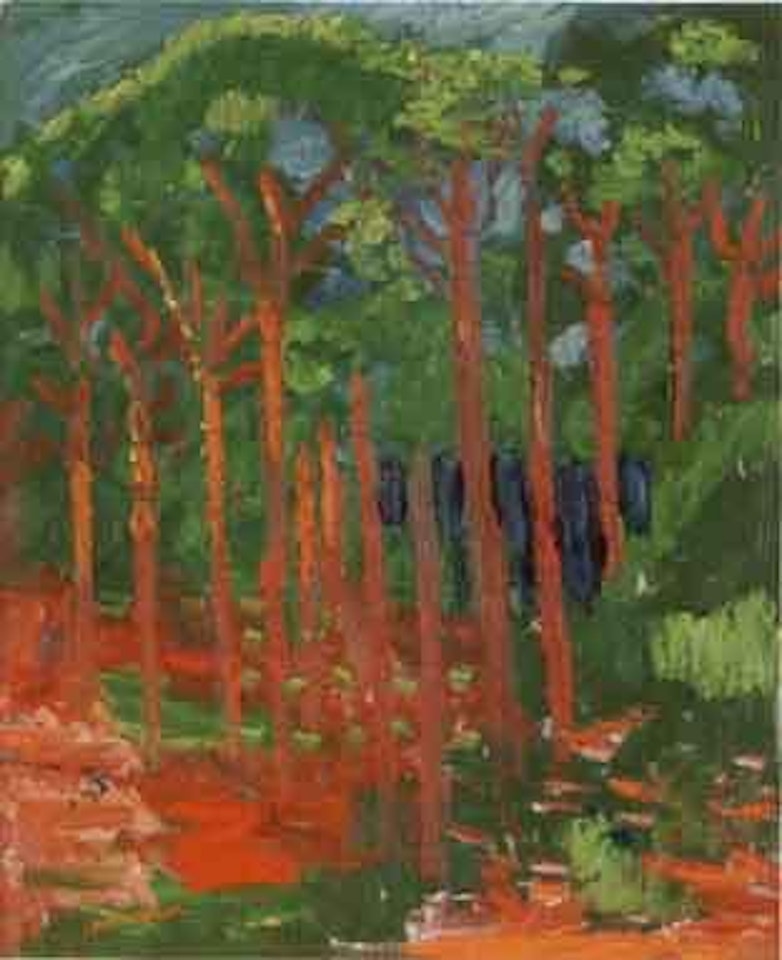 Red tree trunks by Inge Schiöler