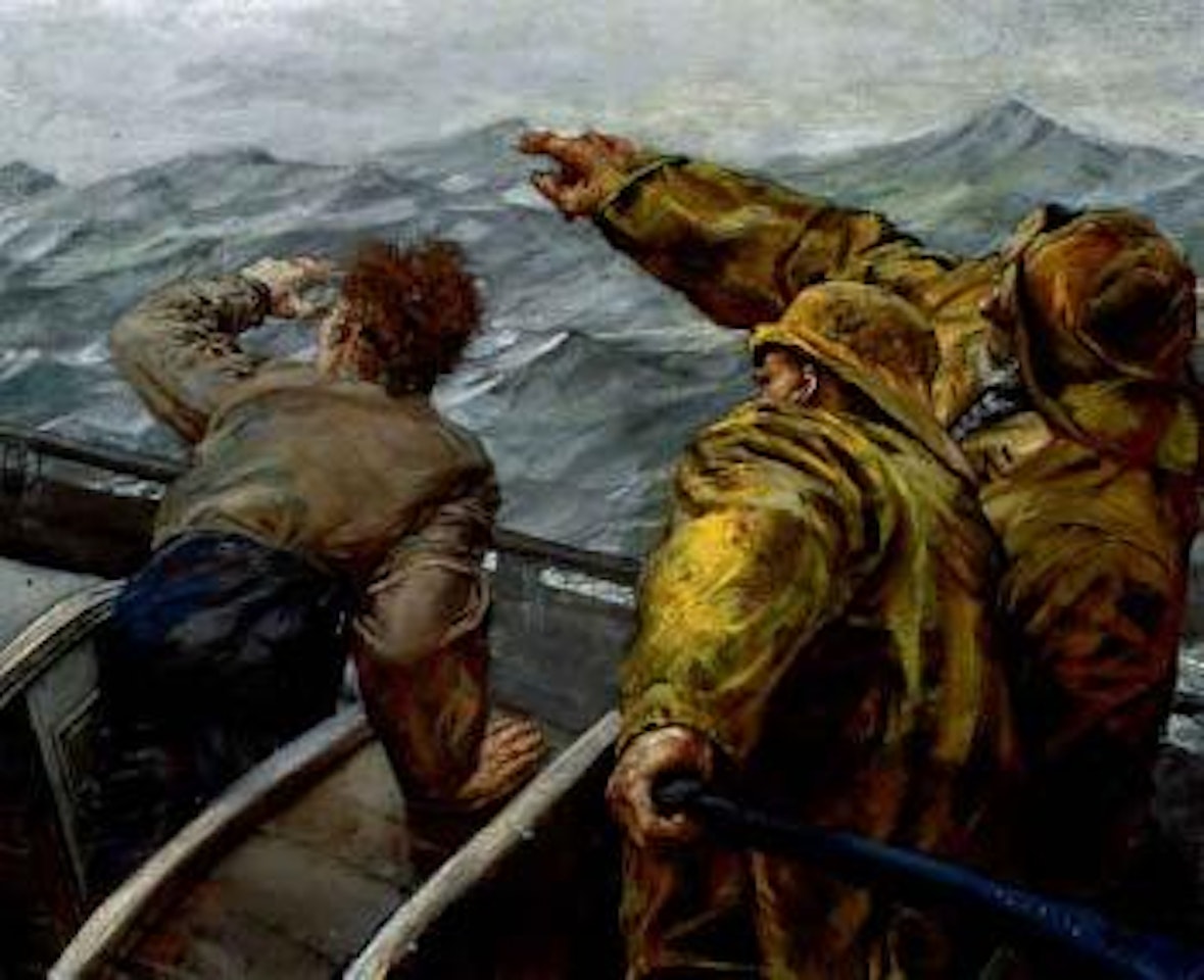 Paa lo baug - three fishermen in boat on rough seas by Christian Krohg