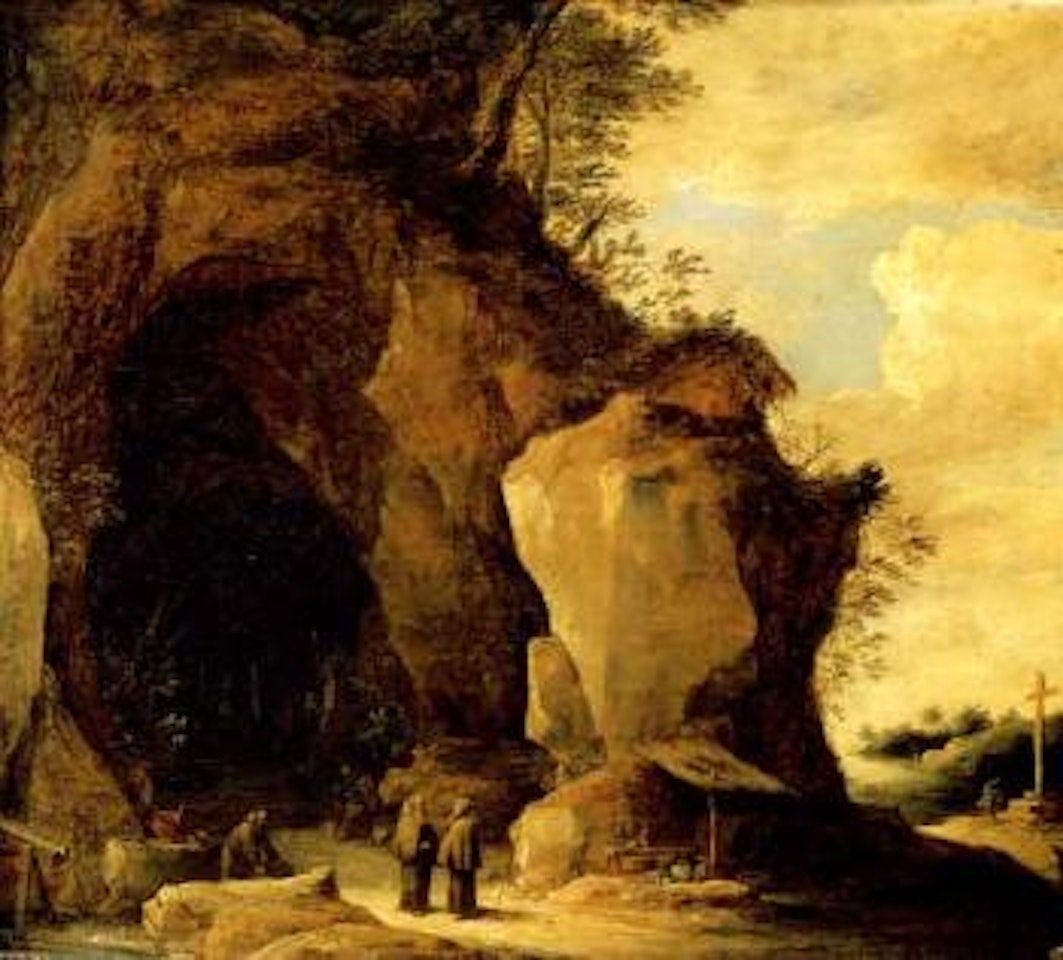 Landscape with monks preparing food at a shrine in a cave by David Teniers II
