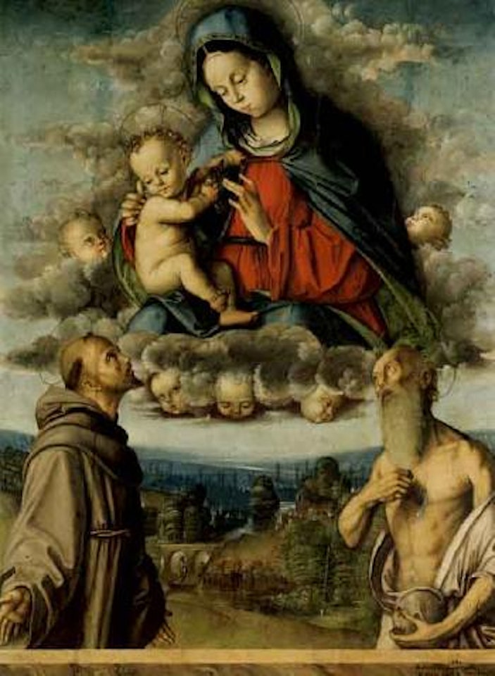 The Madonna and Child appearing to saints Francis of Assisi and Jerome by Francesco Zaganelli