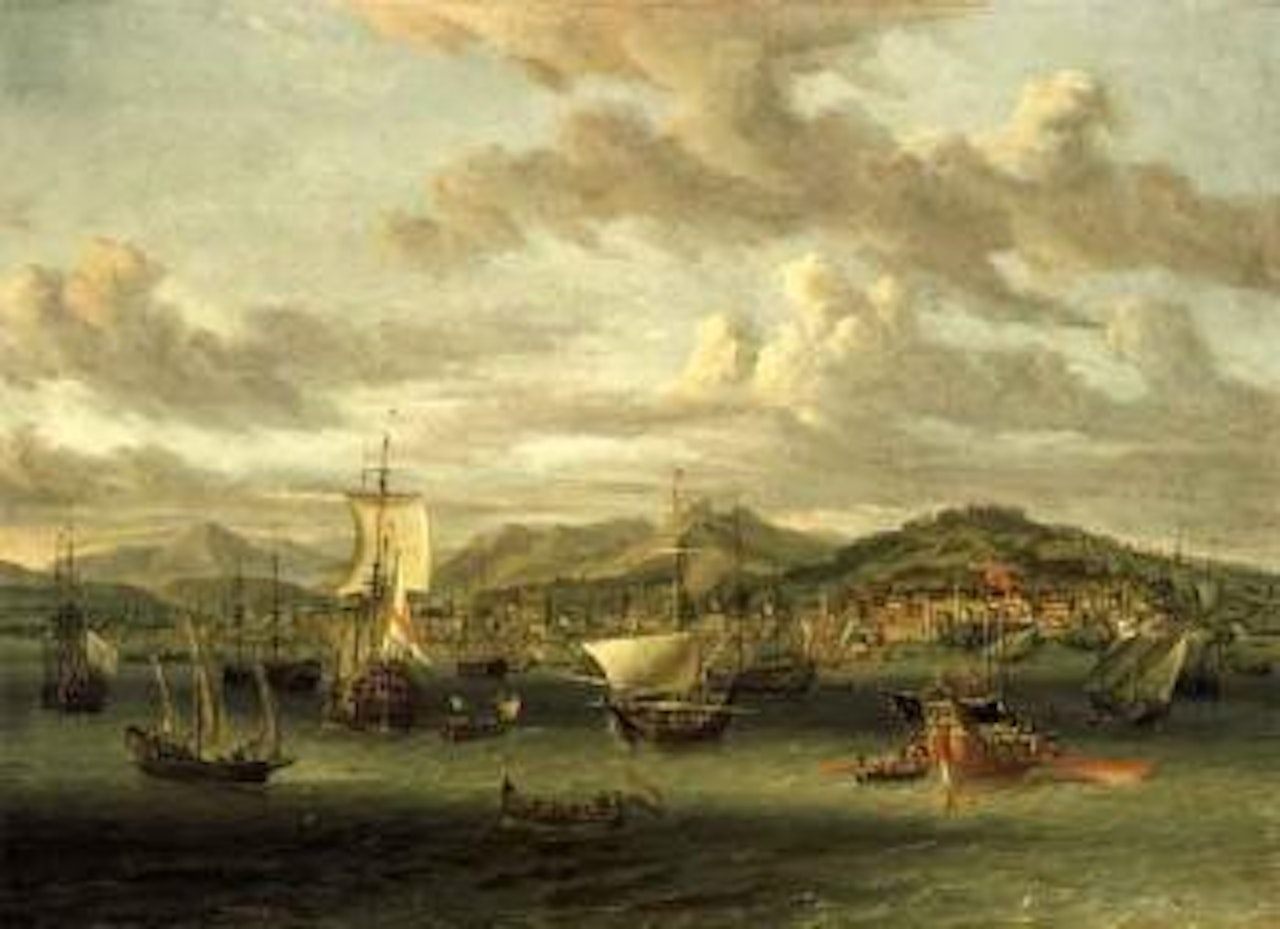 Dutch shipping off the Bay of Smyrna with a state barque by Abraham Storck