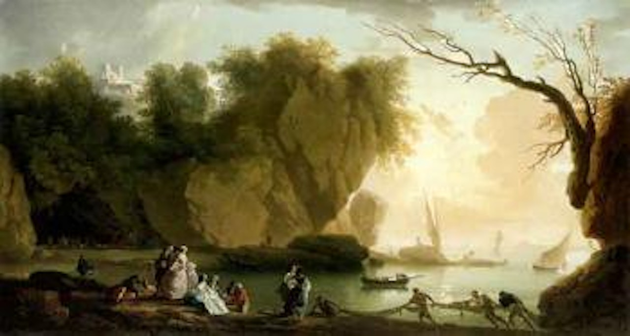 Coastal landscape with elegant figures and fishermen, fortress and shipping beyond by Claude Joseph Vernet
