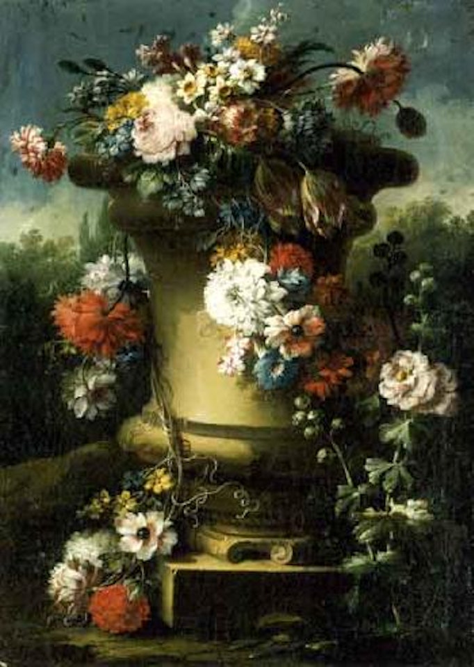 Narcissi, tulips and other flowers in a stone urn, wooded landscape beyond by Gasparo Lopez