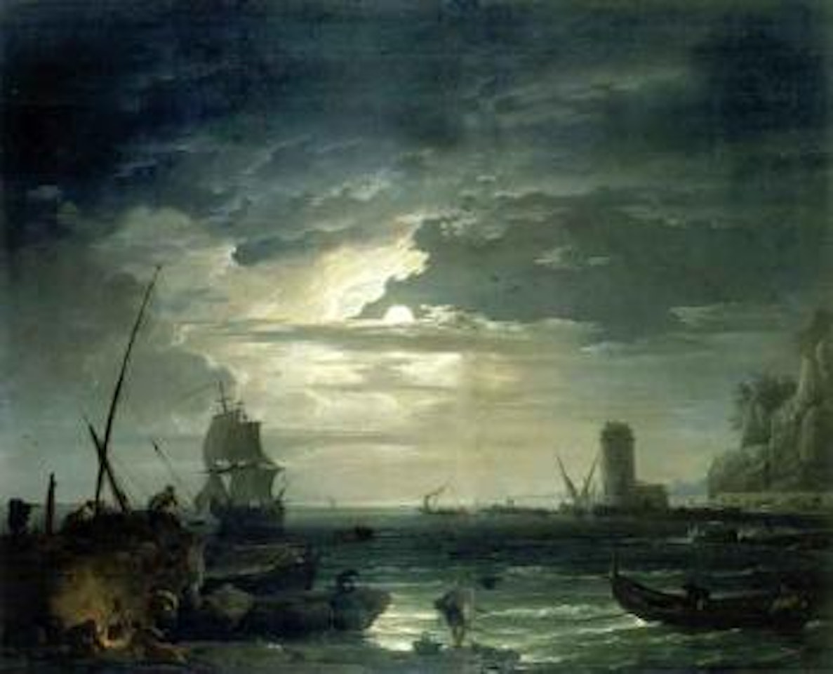 Mediterranean inlet by moonlight with fisherfolk cooking by a rock by Claude Joseph Vernet