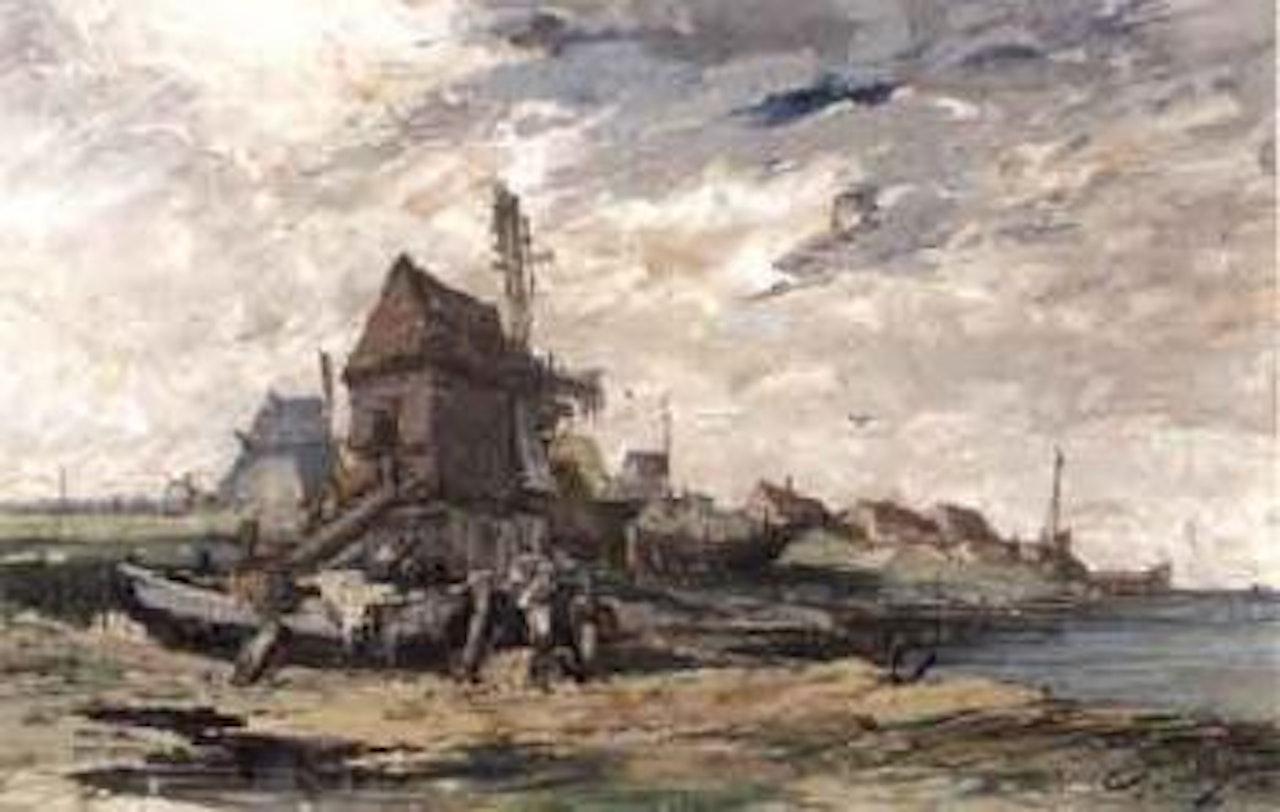 Moulins en Bretagne. Barques a maree basse by Eugene Galien-Laloue