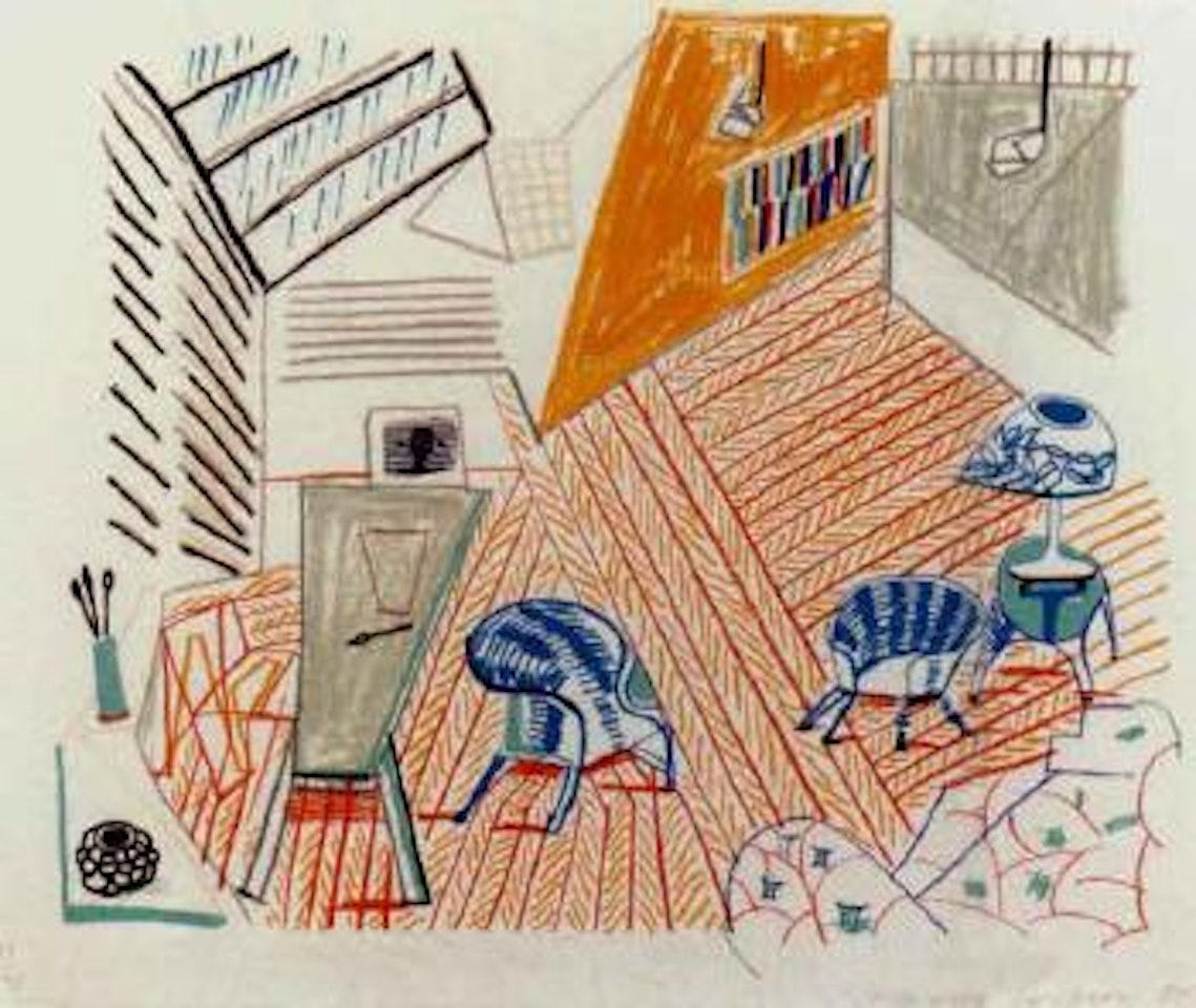 Pembroke studio with blue chairs and lamp by David Hockney