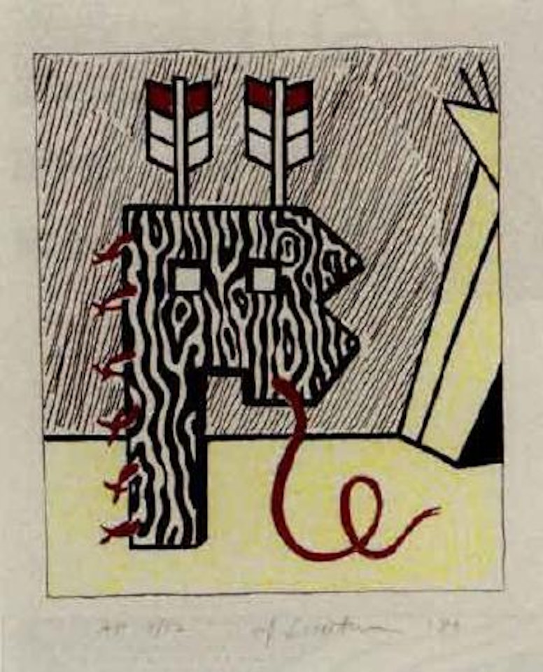 Head with feathers and braid. Figure with tepee by Roy Lichtenstein