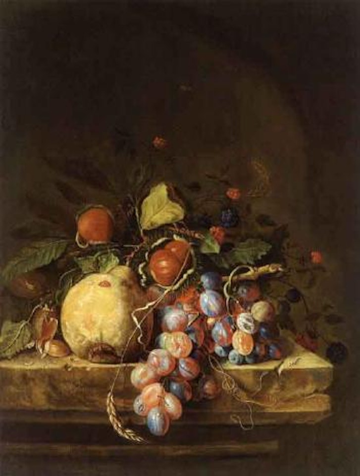 Still life with grapes, chestnuts and pear by Jacob van Walscapelle