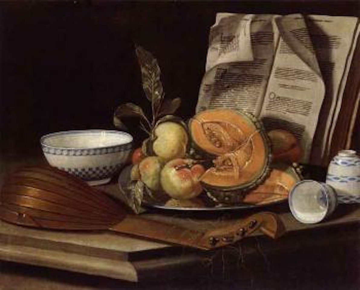 Still life with lute, fruits and porcelain by Cristoforo Munari